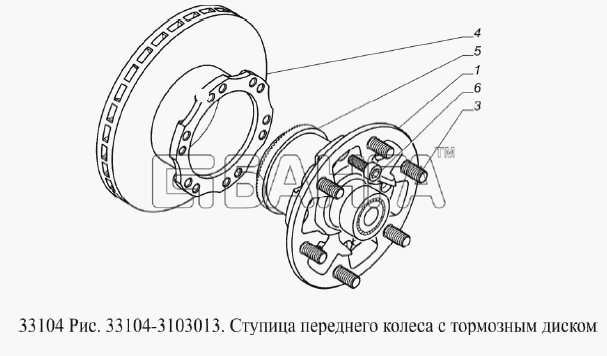 ГАЗ ГАЗ-33104 Валдай Евро 3 Схема Ступица переднего колеса с тормозным